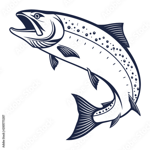 Canvas Print Jumping salmon fish illustration detailed outline sport fishing black and whi