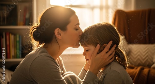 Mother gently kissing her child's forehead with love