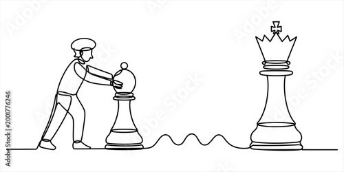 Continuous single line drawing of a man playing chess moving a bishop piece toward the king Vector, illustration
