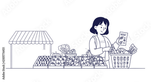 Woman shopping at market, grocery basket, fresh produce, illustration