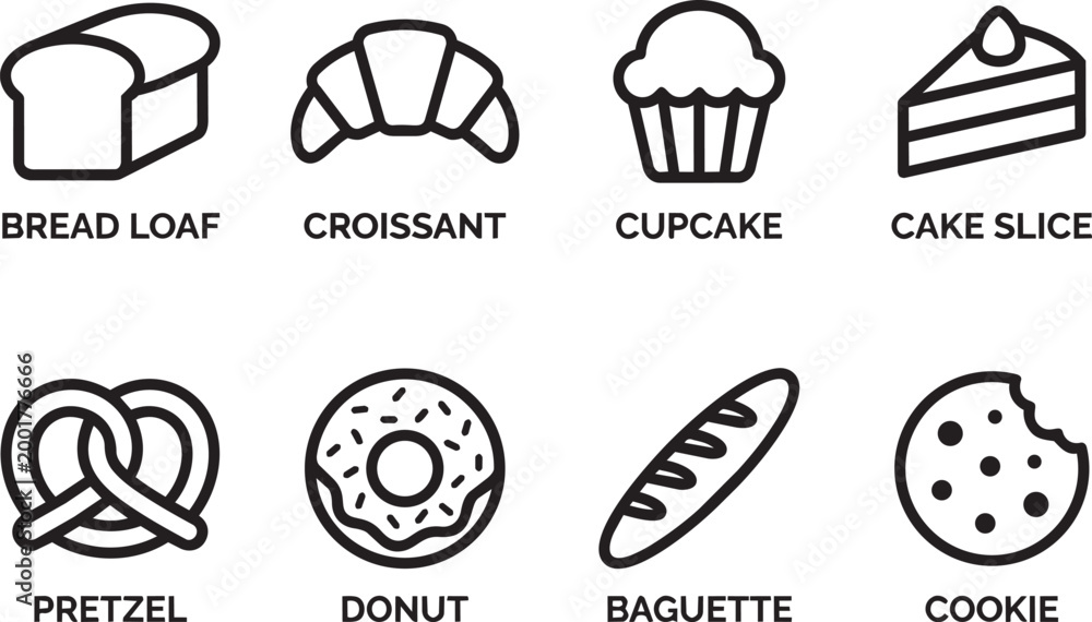 Fototapeta premium Bakery bread line icons with bread loaf croissant cupcake cake slice pretzel donut baguette cookie for pastry shop