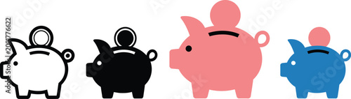 Piggy Bank Line and Flat Style Icons for Savings Concept