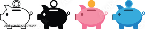 Piggy Bank Simple Icons Set Line and Flat Style Vector