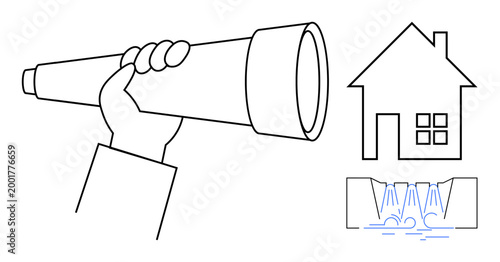 Exploration, searching, real estate, adventure, discovery, planning. Hand holding telescope, house outline and blue waterfall graphic. Exploration and searching illustrated in minimal line art