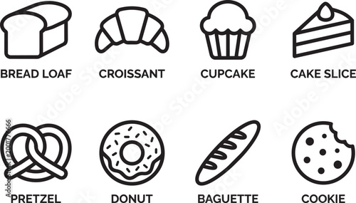 Bakery bread line icons with bread loaf croissant cupcake cake slice pretzel donut baguette cookie for pastry shop