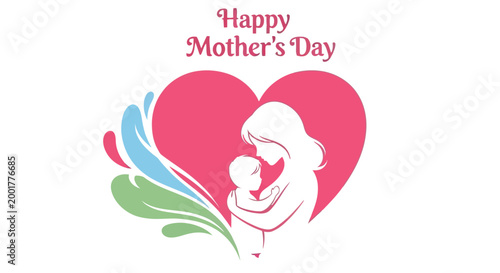 mother and child silhouette with heart and floral elements high quality with happy mother's day text