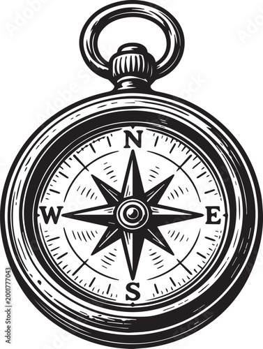 Vintage Compass Engraving Illustration – Bold Black Woodcut Style Navigation Icon