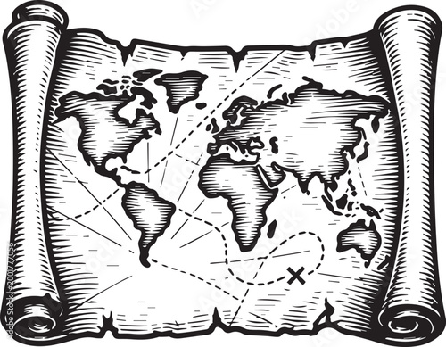 Vintage World Map Engraving – Old Style Cartography Woodcut Illustration