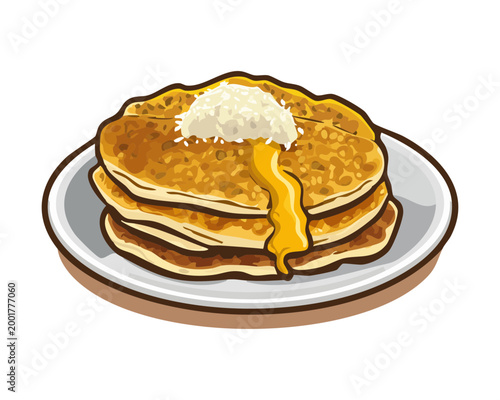 Foto Stack of sweet pancakes with melting butter and syrup served on a brown plate fo