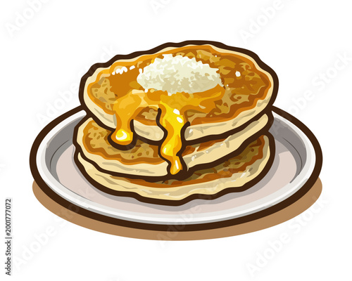 Photos Delicious stack of pancakes topped with butter and maple syrup on a white plate