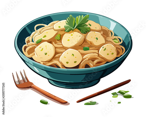 Foto Bowl of noodles topped with meatballs and savory sauce for delicious and hearty