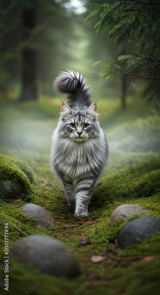 Obraz premium Silver Gray Norwegian Forest Cat in Misty Spruce Forest – Portrait Nature Art