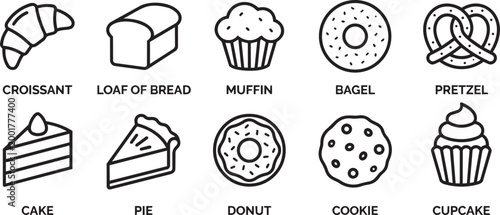 Bakery pastry line icons with croissant bread muffin bagel pretzel cake pie donut cookie cupcake for cafe menu