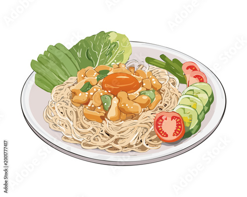 Obraz na plátně Bowl of traditional egg noodles with meat and garnishes for delicious and hearty