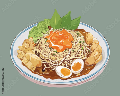 Foto Bowl of traditional egg noodles with meat and savory broth served on a grey back