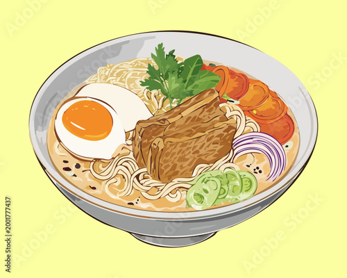 фотографія Bowl of hearty noodle soup with meat and egg served on a yellow background for t