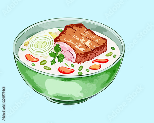 Принти на полотні Bowl of traditional noodle soup with meat and greens served on a blue background