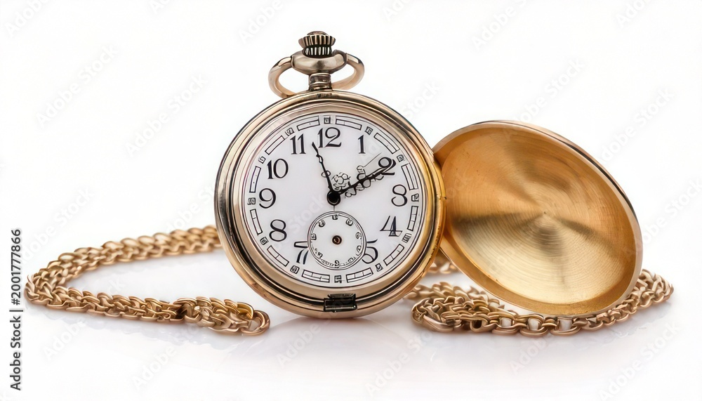 Fototapeta premium Antique Gold Pocket Watch with Chain and Open Case.