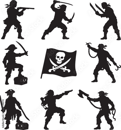 фотографія Pirate silhouette collection with 8 buccaneer characters and jolly roger flag, n