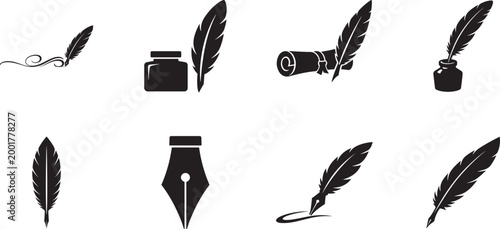 Feather pen icon set with elegant quill symbols for writing, logo, UI, apps, and website design use.