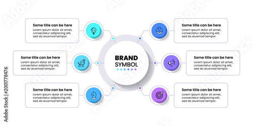 Infographic template. 6 circles connected to a title in the middle