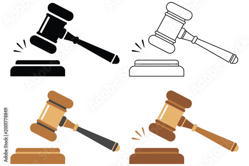 Judge Gavel and Auction Hammer Icon Set in Multiple Styles, Law and Justice Symbols Collection, Court, Legal Authority and Auction Concept Vector Illustration for Business and Legal Design