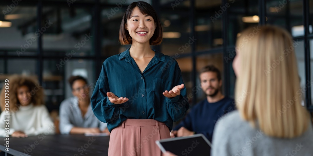 Fototapeta premium Young woman presenting to team in modern office conference