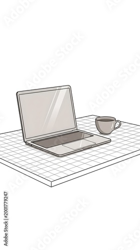 Minimalist Workspace: Laptop and Coffee Cup on Grid Desk