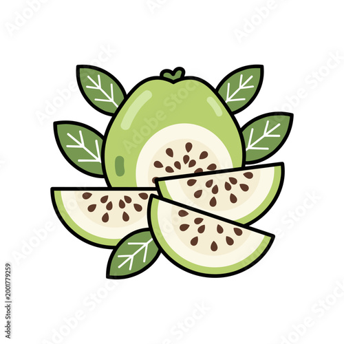 Fresh guava fruit illustration with sliced pieces and green leaves design