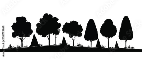 Black silhouettes of diverse trees and grass against a white background