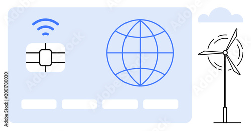 Renewable energy, digital communication, technology advancement, sustainable development, global networking, data transfer. A wind turbine, chip and globe design. Renewable energy and digital