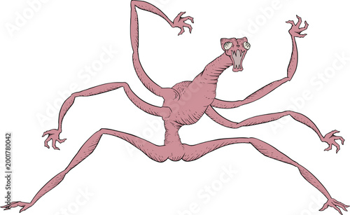 vector illustration shows a slender fantasy creature with six limbs and long flexible arms, featuring surreal design and imaginative original character concept draw