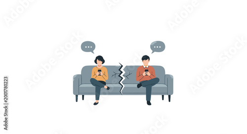 Couple sitting on couch, relationship problems, vector illustration, gray background, split personality concept