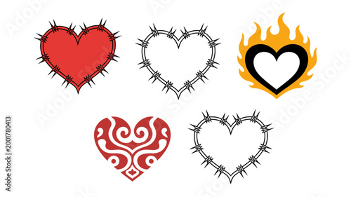 Collection of heart shapes with thorns and flames graphic elements illustration contrast abstract creative