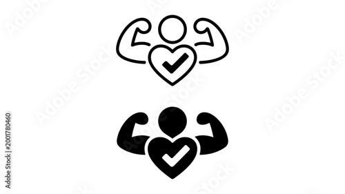 Strong person symbol with heart and checkmark for health and fitness strength wellbeing approval positive