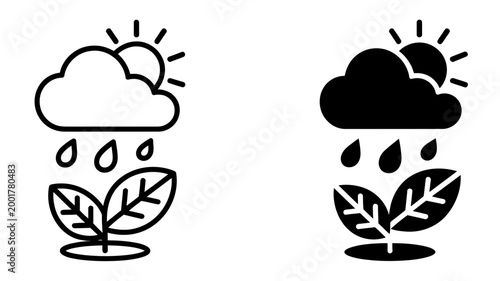 Rain shower over growing plants with sun and clouds icons seedling illumination meteorology precipitation