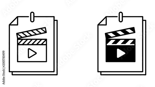 Clapperboard and play button icon representing production with shooting board film making movie making
