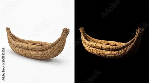 Handcrafted reed boat model, traditional ancient watercraft made of bundled straw, maritime vessel replica shown on white and black backgrounds
