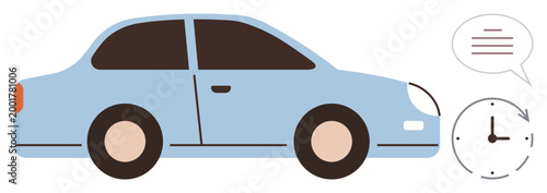 Transportation, punctuality, time management, appointment scheduling, carpooling, road safety. Side view of blue car with clock and speech bubble. Time management and punctuality concept