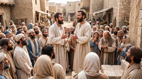 Apostle Philip preaching the word of God to the crowds in Samaria. Biblical scene representing the Acts of the Apostles, ministry, evangelism, faith and historical religious tradition.
