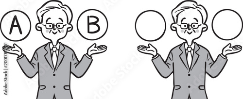 AとBの選択肢　シニア会社員社長　上半身　ベクター（モノクロ）