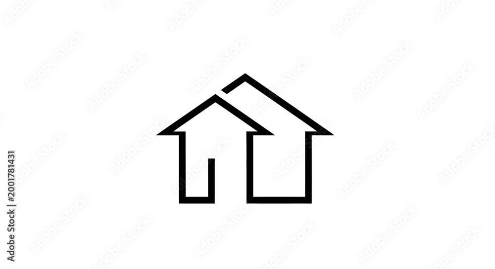 Fototapeta premium Minimalist Black Line Icon Representing Two Overlapping Houses for Real Estate Logo.