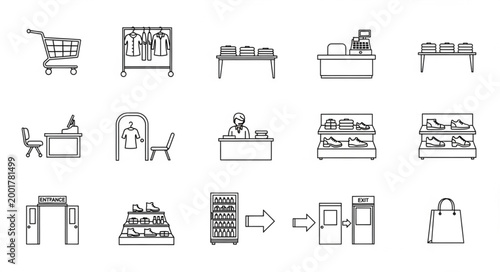 Collection of Retail Store Fixtures and Displays Hand Drawn Icons.