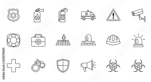 Collection of safety and security icons in a doodle style.