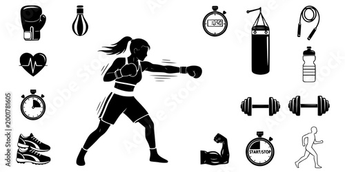 Fitness Boxing Woman Punching Cross Silhouette Vector