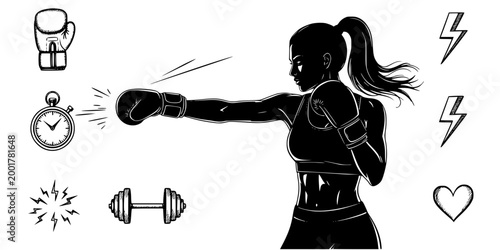 Fitness Boxing Woman Punching Cross Silhouette Vector