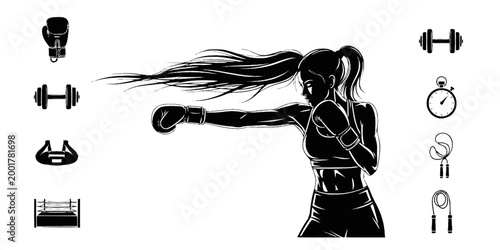 Fitness Boxing Woman Punching Cross Silhouette Vector