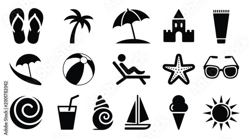 Solid Black Beach Life Icons Set, Coastal Leisure and Seaside Gear Collection, Summer Vacation and Tropical Relaxation Vector Illustration for Travel Agencies, Apps and Lifestyle Blogs