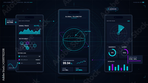 Dark futuristic mobile telemetry dashboard with neon globe data visualization, signal charts, sector scan panels, and glowing HUD grid background