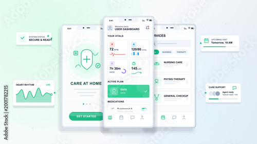 User accesses home health care app showing vital signs, active plans, and upcoming services. The app provides options for nursing care and physiotherapy.